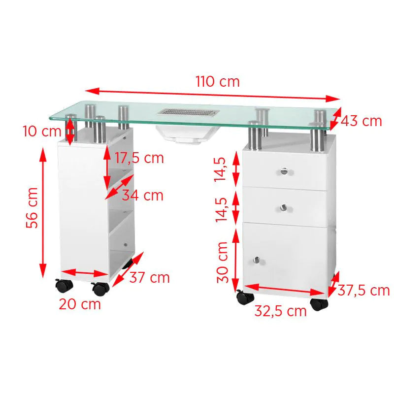 Glass Nail Table 013B White with Dust Collector AM-8A - Professional Glass Manicure Table