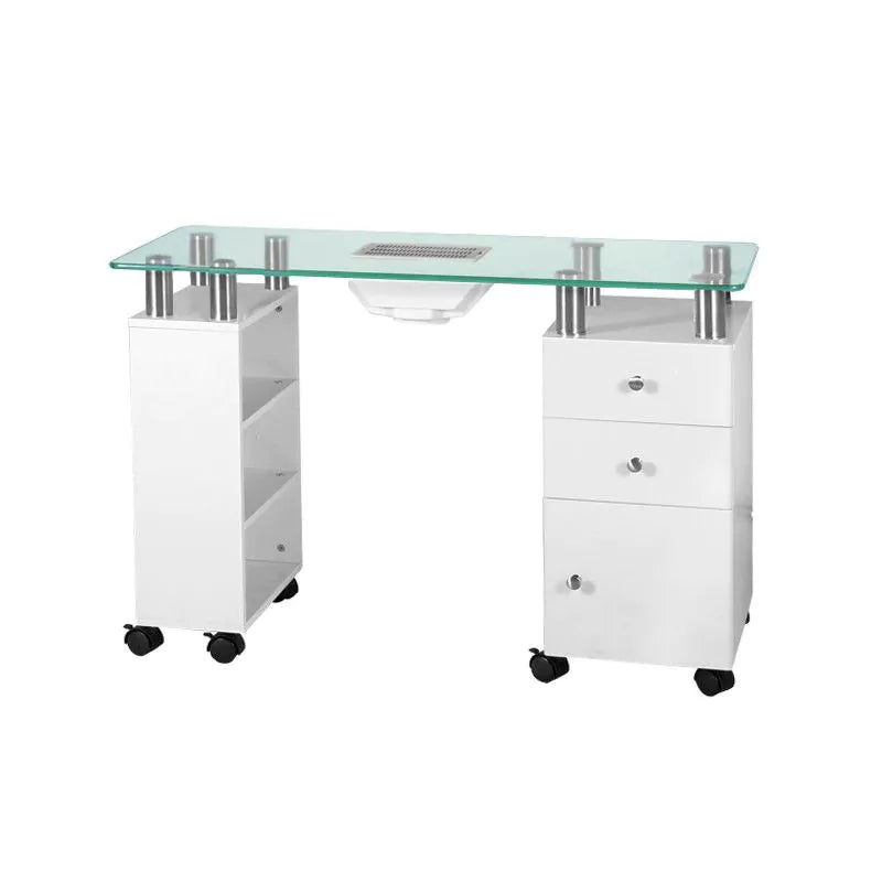 Glass Nail Table 013B White with Dust Collector AM-8A - Professional Glass Manicure Table