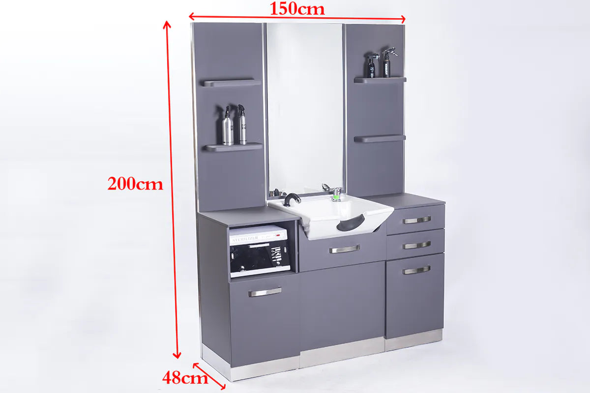 Frisörstation med Tvättställ och Spegel – Grå