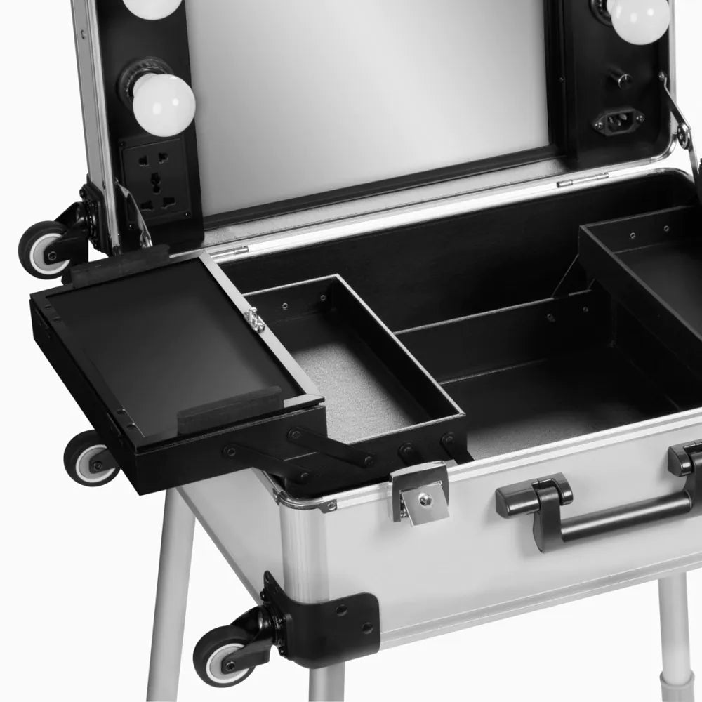 Bärbart Sminkstativ med Spegel & Belysning – Silver, Teleskopben & Fällbara Hyllor