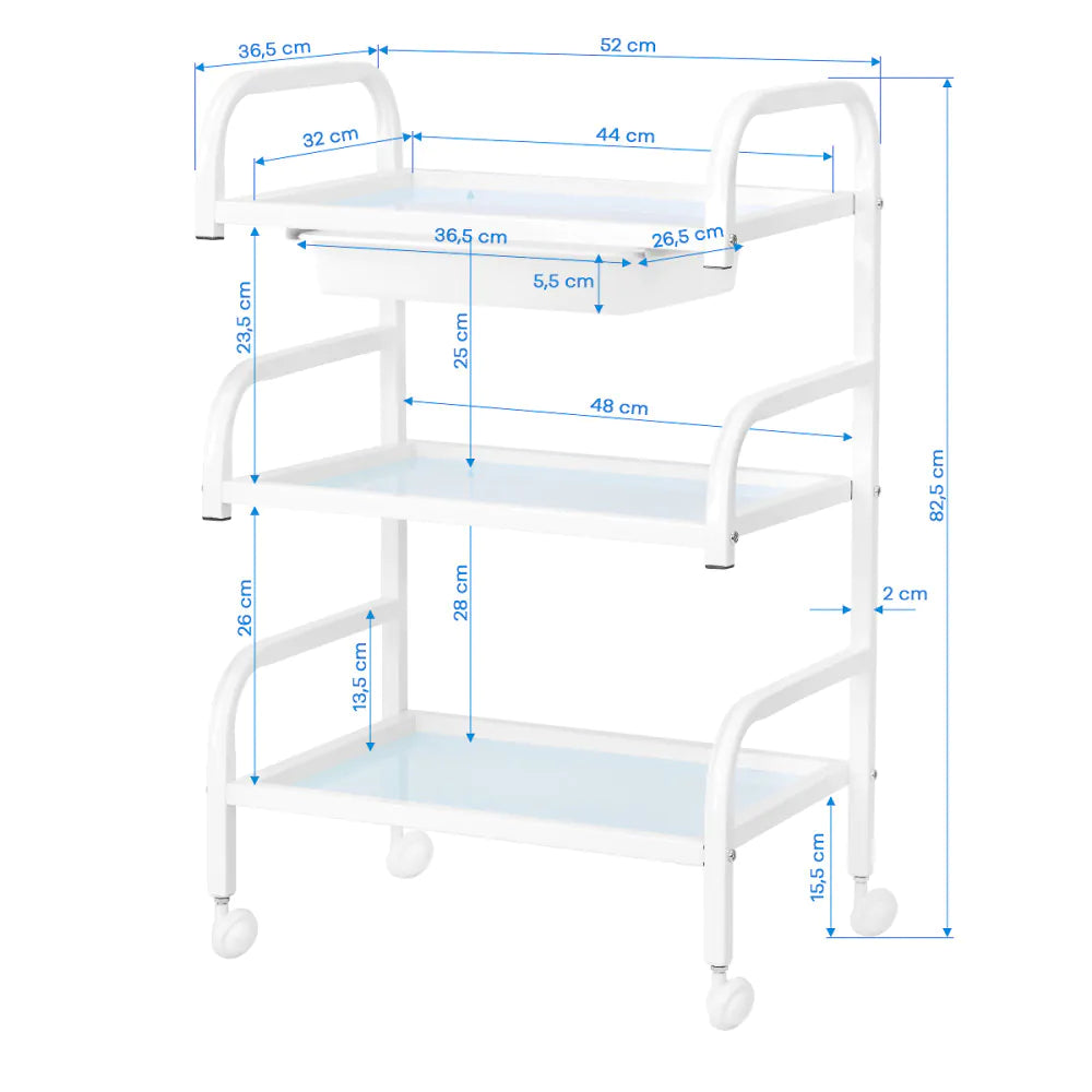 Basic 121 Cosmetics Table White – Salon Trolley with Glass Shelves